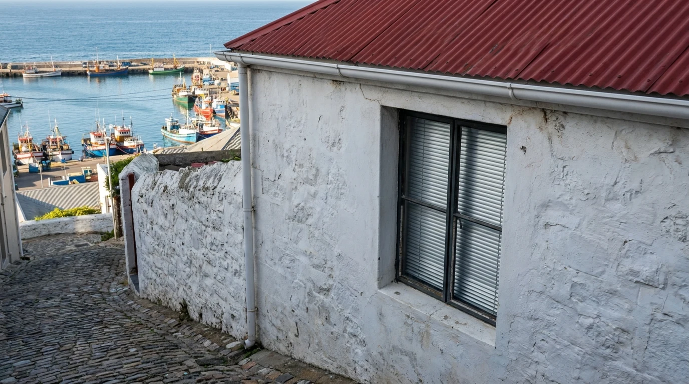 Aluminium venetian blind in a whitewashed Kalk Bay harbour cottage window overlooking the fishing boats