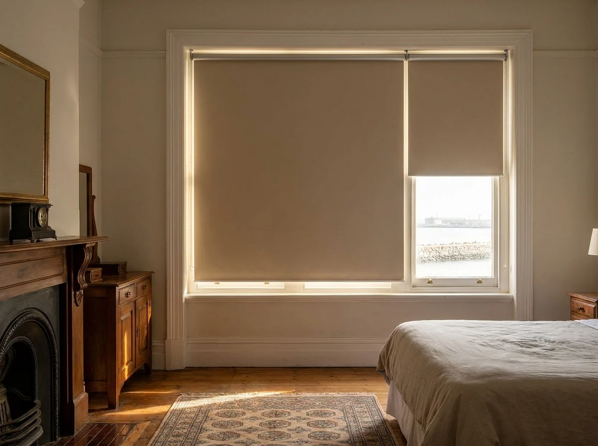 Blockout roller blind in a Simon's Town heritage bedroom with a glimpse of the harbour breakwater through the window