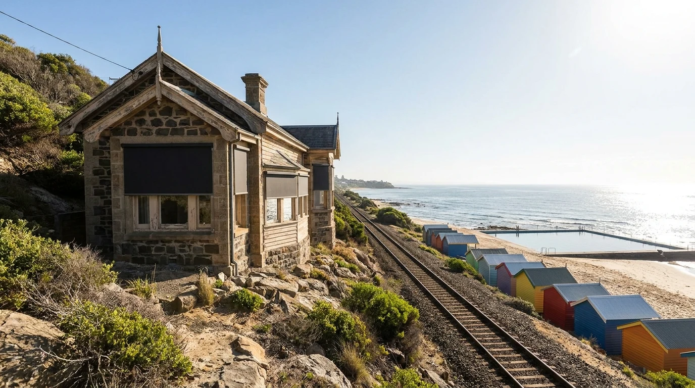 Exterior-mounted blockout roller shades on a St James cottage above the railway line, with the bathing boxes and tidal pool beyond