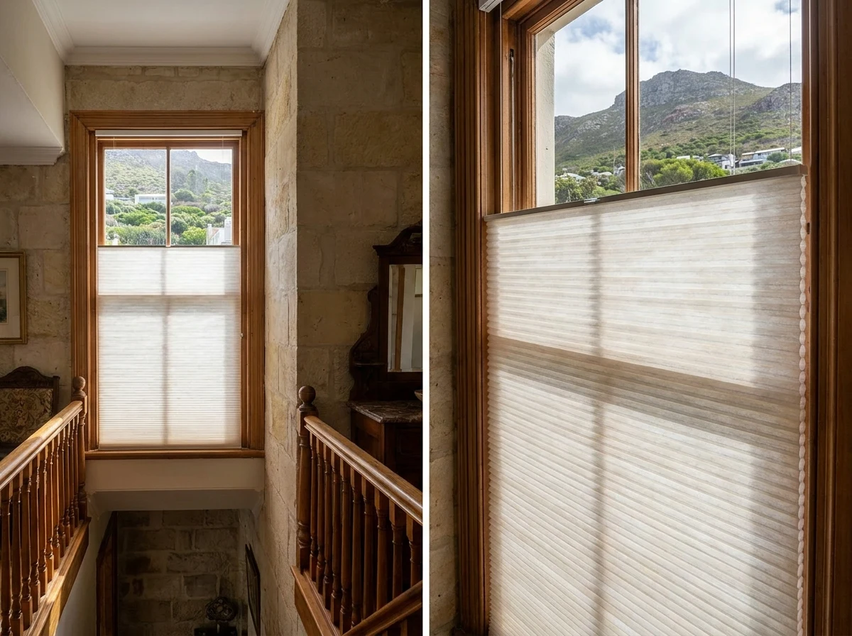 Cellular honeycomb blind on a stone-walled Simon's Town stairwell window looking toward Red Hill