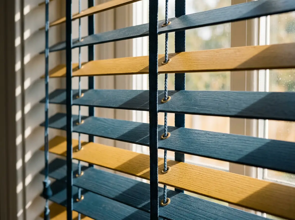 Close-up detail of navy and timber-tone aluminium venetian blind slats with sunlight streaming through