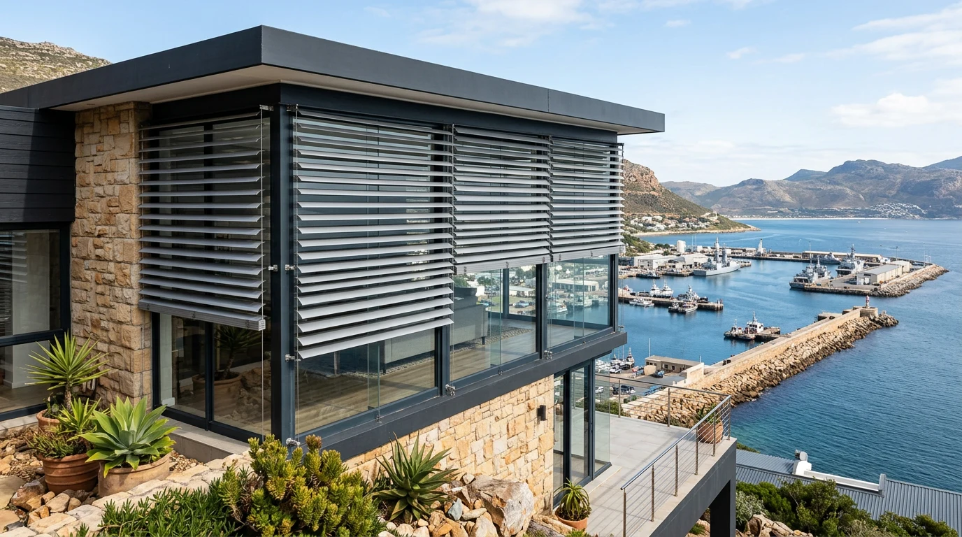 External venetian blinds shading a glass-walled contemporary home above Simon's Town harbour and the breakwater