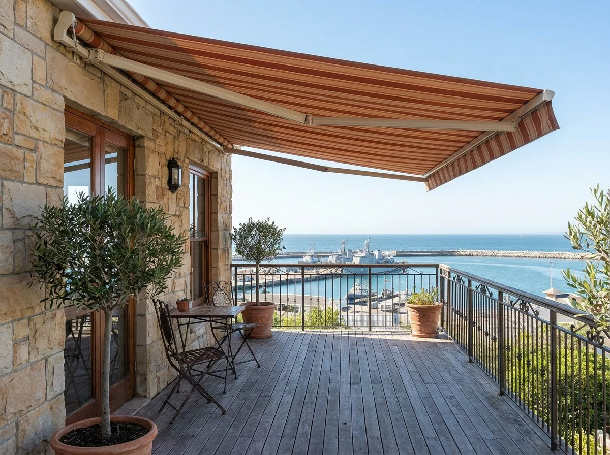 Folding-arm awning extended over a stone-built Simon's Town patio with naval vessels docked below