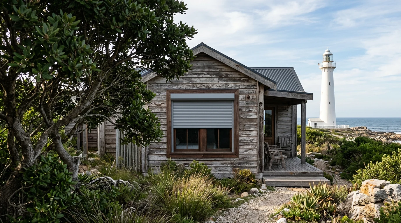 Roller shutter lowered over a timber Kommetjie beach cottage window, with Slangkop Lighthouse on the point beyond