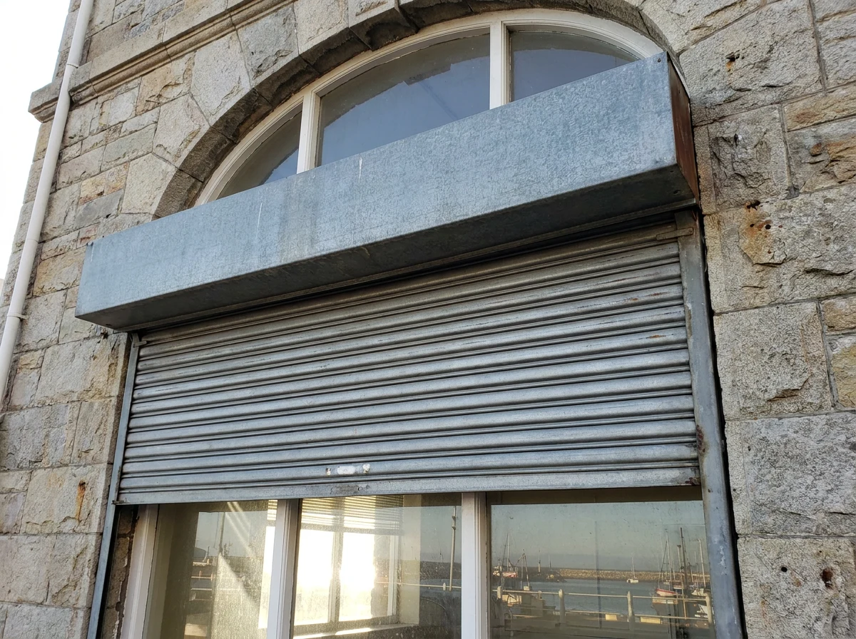 Aluminium roller shutter lowered over an arched window on a stone Simon's Town harbourfront building