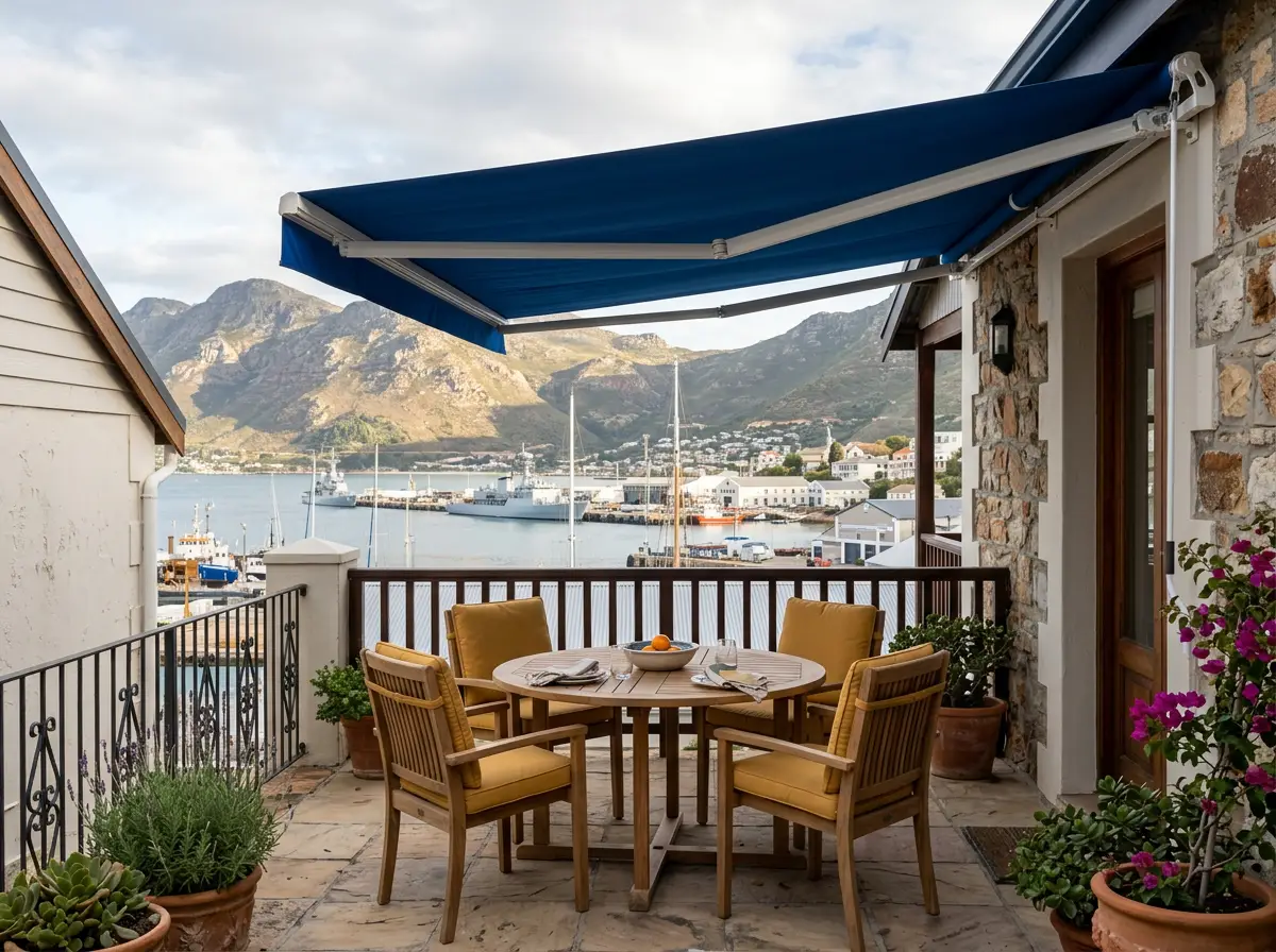 Simon's Town stone-clad patio with navy folding-arm awning extended over teak dining table with mustard cushions, harbour and mountain view