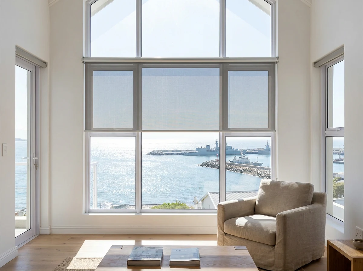 Sunscreen roller blind in a double-volume Simon's Town living room with naval vessels visible across the bay