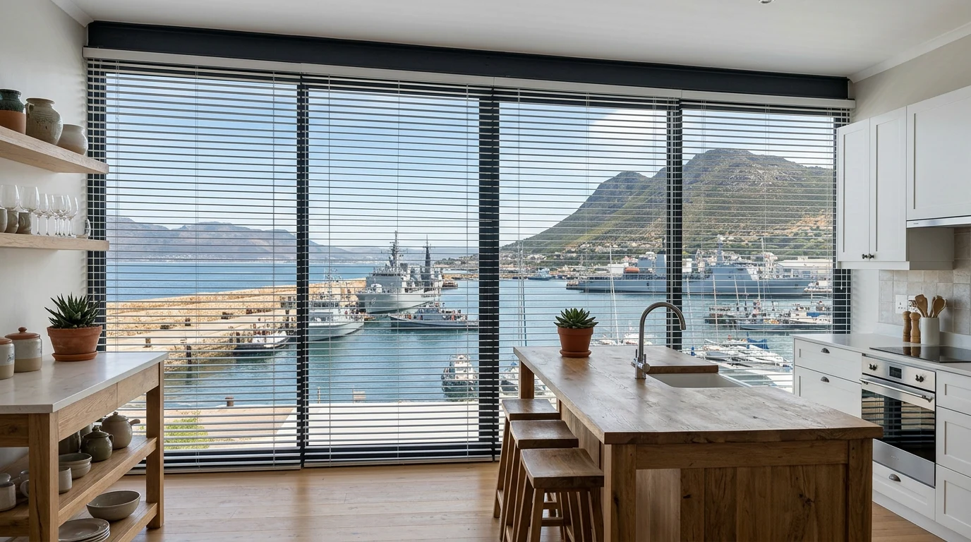 Aluminium venetian blinds across a Simon's Town kitchen's glass wall overlooking the naval harbour and mountains