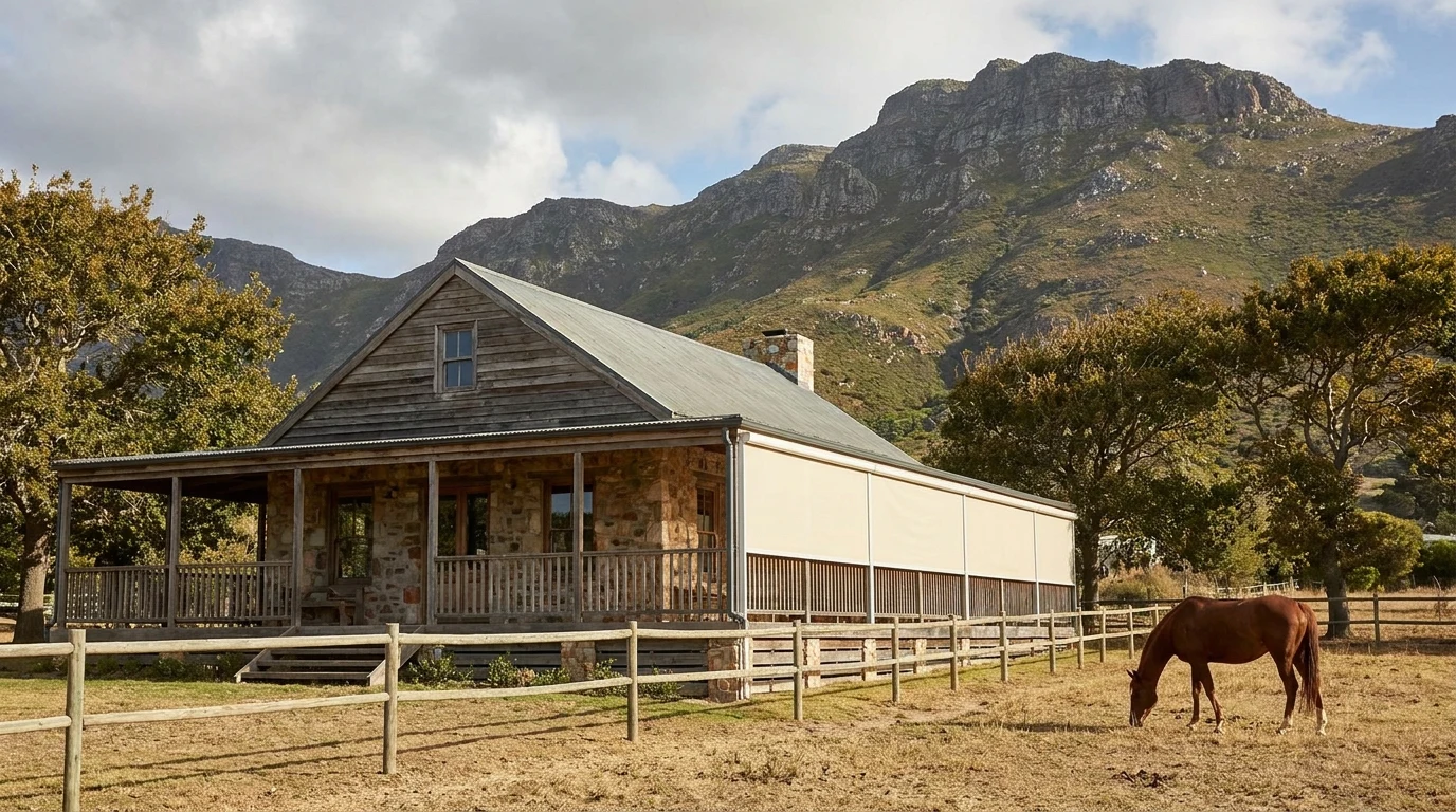 Zip screen enclosing a Noordhoek farmhouse veranda, with a horse grazing in the paddock below Chapman's Peak's ridge